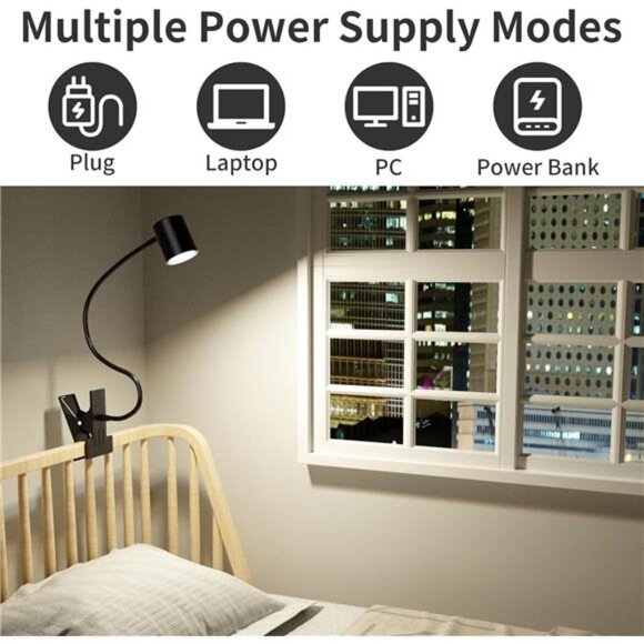 Desk Lamp,USB Clip On Light,3 Color Modes,10Brightness Levels,360° Gooseneck LED - Picture 5 of 7